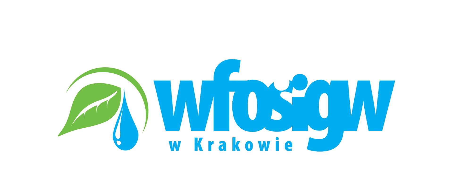 grafika przedstawia na białym tle logo w postaci listka i kropli wody oraz niebieski napis WFOŚiGW w Krakowie
