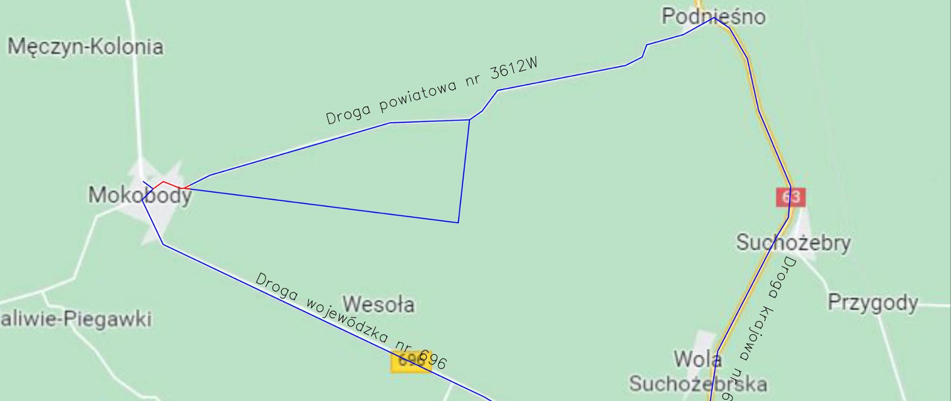 Grafika przedstawia mapę z zaznaczonym objazdem ul. Ks. Brzóski i ul. Młynarskiej w Mokobodach przez miejscowości Chodów, Wola Suchożebrska, Podnieśno.