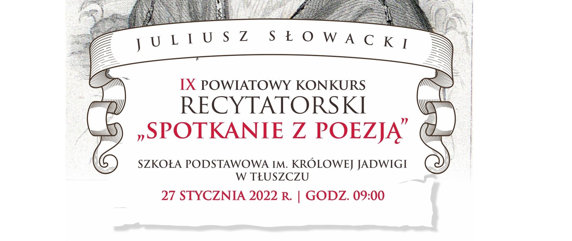 Czarno-biały portret mężczyzny. Juliusz Słowacki. IX Powiatowy Konkurs Recytatorski "Spotkanie z poezją"