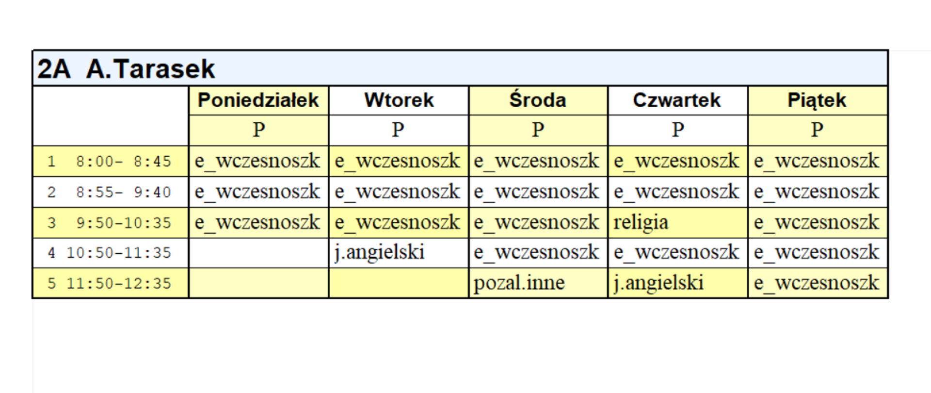 Plan lekcji kl. 2