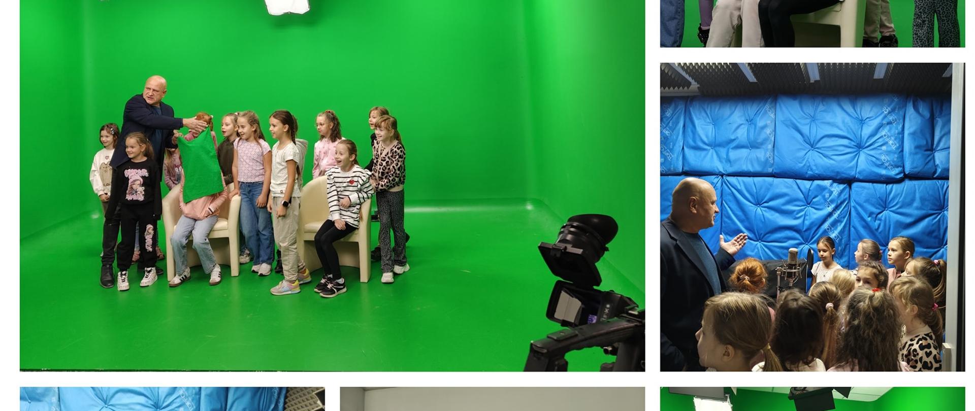 Zdjęcie podzielone na 6 okien, każde okno przedstawia uczniów zwiedzających studio nagrań, w którym widoczny jest zielony pokój do nagrań z oświetleniem i kamerami