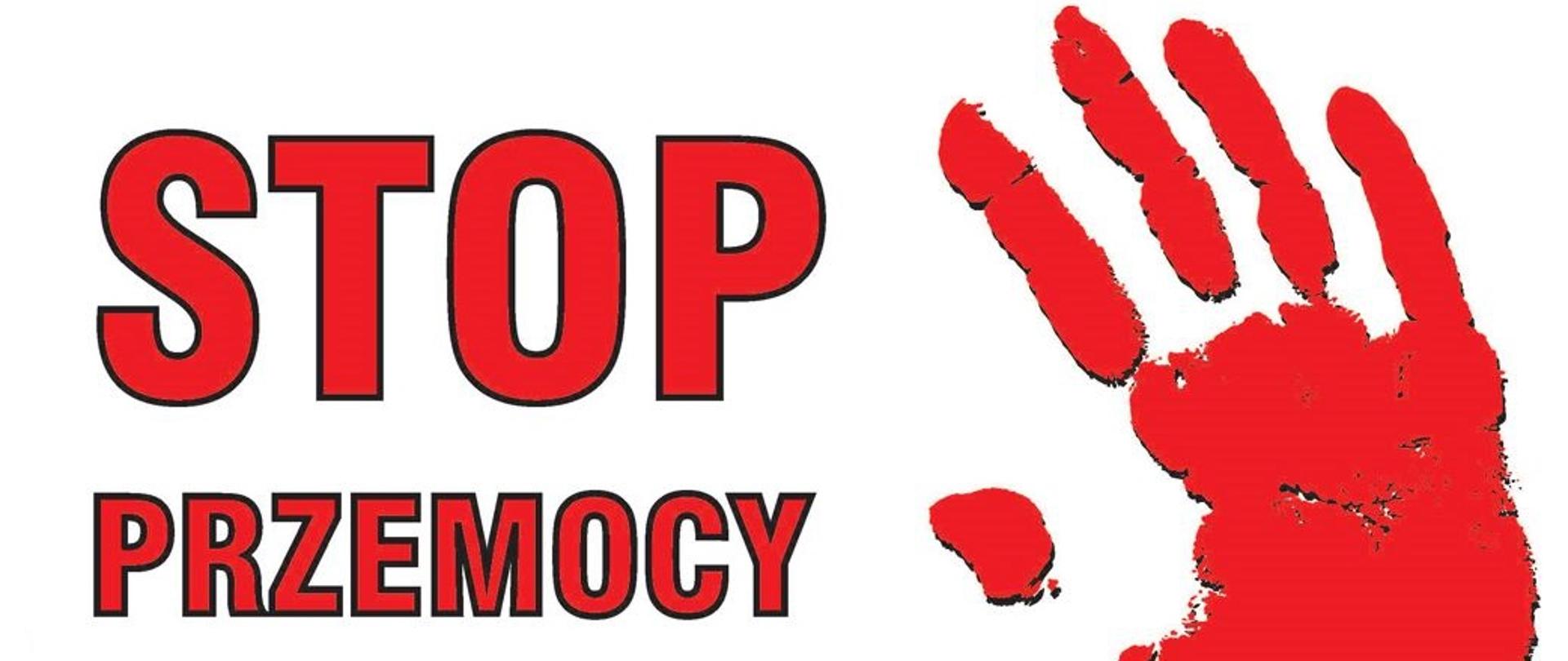 białe tło czerwone litery stop przemocy oraz po prawej stronie grafika czerwonej dłoni