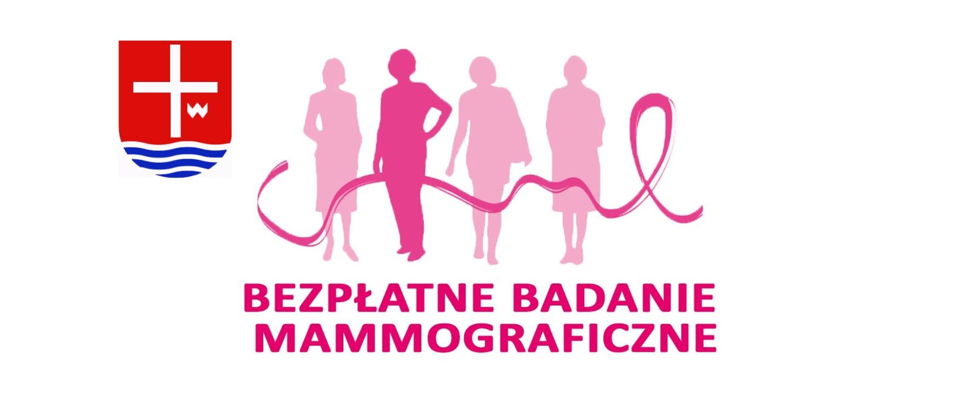 różowy napis na białym tle " Bezpłatne badanie mammograficzne" grafika różowych cieni , postaci kobiet z różową wstążką , herb powiatu lipskiego w lewym górnym rogu 