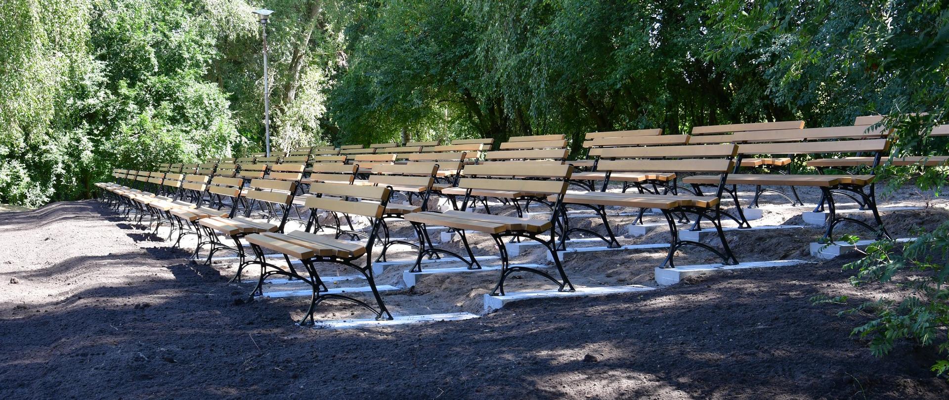 Rzędy nowych drewnianych ławek na ozdobnych, czarnych metalowych nogach. Ławki są ustawione schodkowo na betonowych podstawach w świeżo przygotowanej, ciemnej ziemi. W tle widać gęstą ścianę zielonych drzew, a z lewej strony białą latarnię parkową