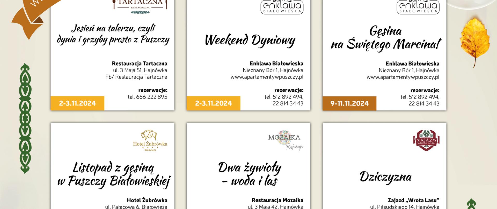 Na plakacie widok dziewięciu plansz z nazwami tematycznych weekendów oraz logo restauracji, która organizuje wydarzenie.