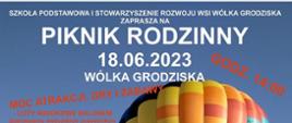 niebieskie tło, białe litery zaproszenie na piknik, rodzinny, kawałek kolorowego balonu z prawej strony 