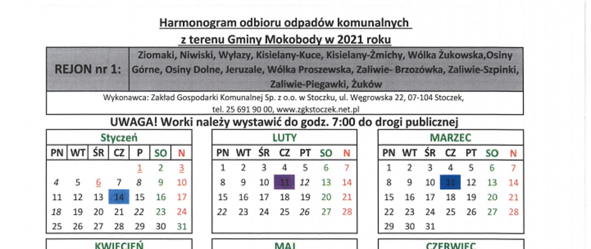 Harmonogram odbioru odpadów 2021 rejon 1
