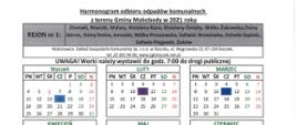 Harmonogram odbioru odpadów komunalnych na 2021 r. rejon 1