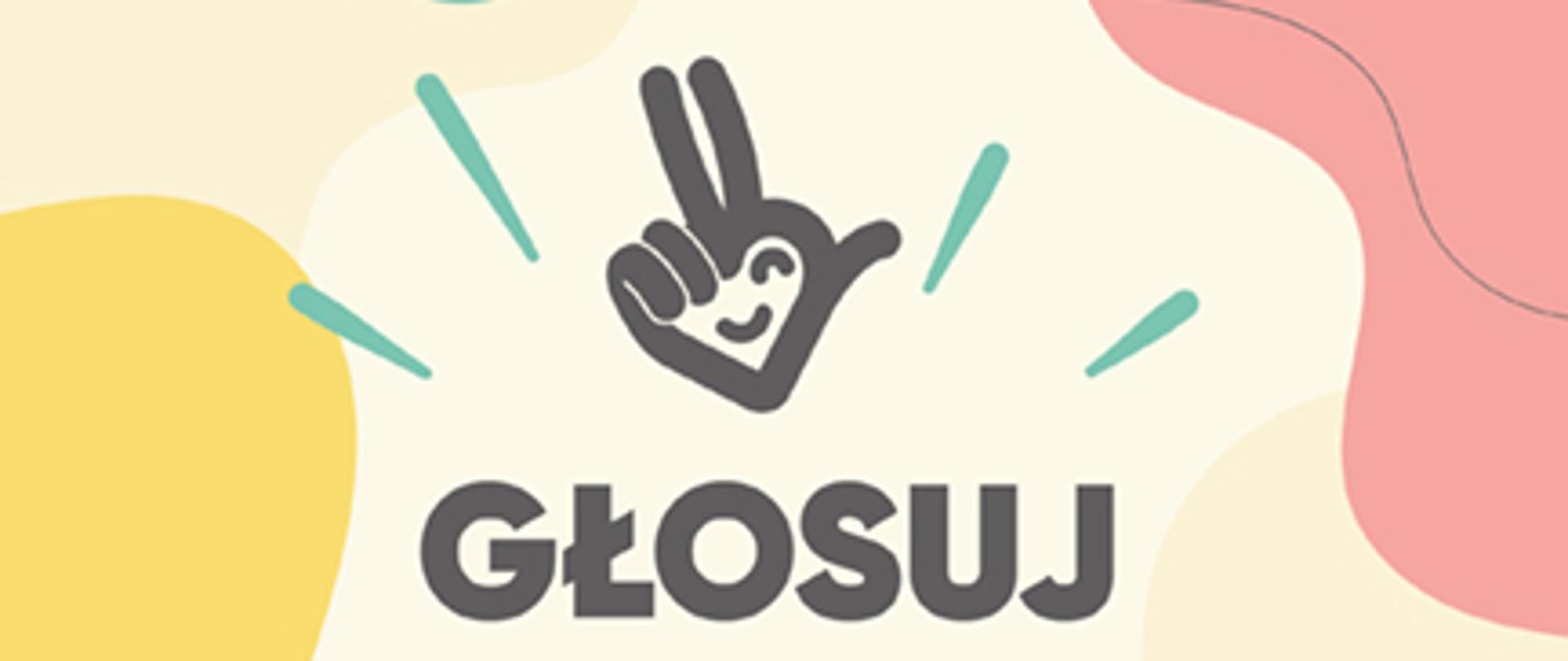 Grafika promująca głosowanie w formie falistych abstrakcyjnych, pastelowych kolorów w tle. W prawym górnym rogu zamieszczono logotyp "25 lat Samorządu Województwa Mazowieckiego". W części centralnej widzimy logo - dłoń w kształcie serca z wyciągniętymi trzema palcami (kciuk, wskazujący i środkowy), a na wewnętrznej jej części widzimy uśmiech i oko. Poniżej duży napis głosuj oraz wybierz laureata i data trwania głosowania 18-30 października. W lewym dolny rogu logo z dopiskiem Mazowieckie Barwy Wolontariatu.