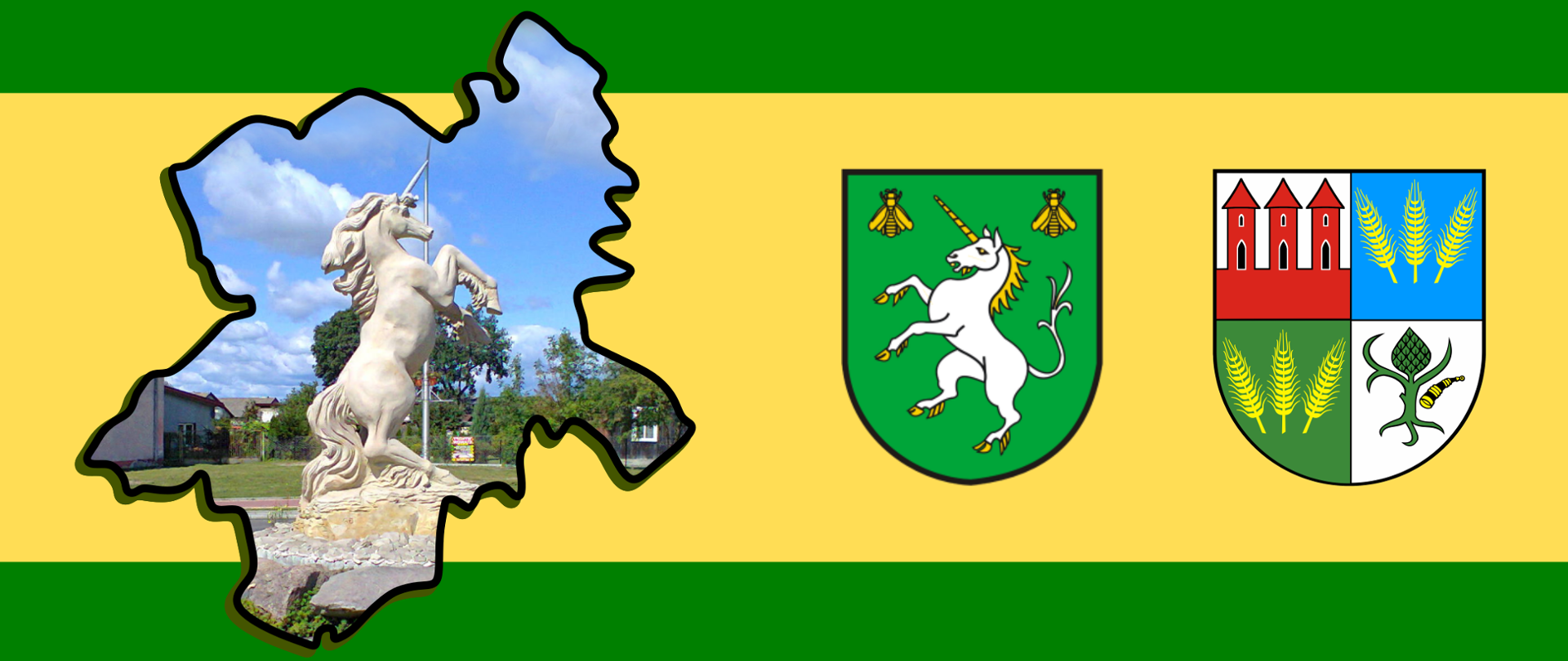 Grafika przedstawia zdjęcia miejsc i obiektów z terenu gminy Jednorożec wpisane w obrys Gminy Jednorożec. Obok herb Gminy Jednorożec i Powiatu Przasnyskiego.