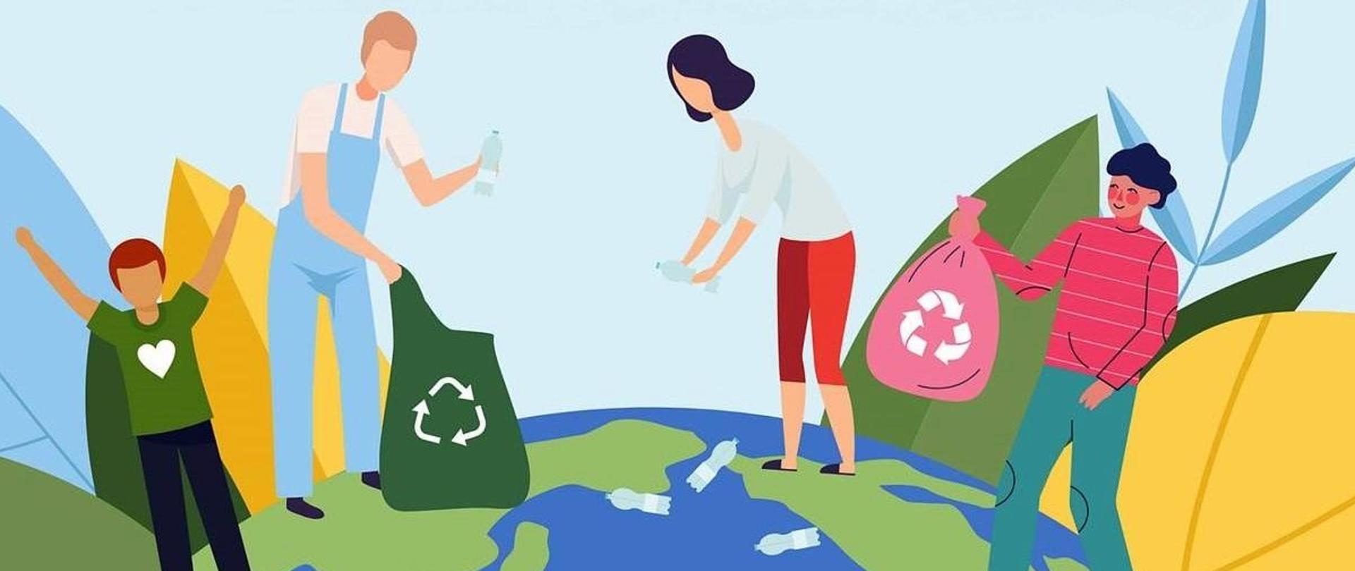 Kolorowa grafika przedstawia grupę dorosłych i dzieci sprzątających plastikowe butelki z powierzchni kuli ziemskiej. Zebrane odpady trafiają do worków na śmieci oznaczonych białymi symbolami recyklingu, co podkreśla ekologiczny charakter przedstawionej sceny.