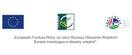 Na zdjęciu widać flagę Europy oraz dwie ikony dotyczące Europejskie funduszu Rolnego na rzecz Rozwoju Obszarów Wiejskich