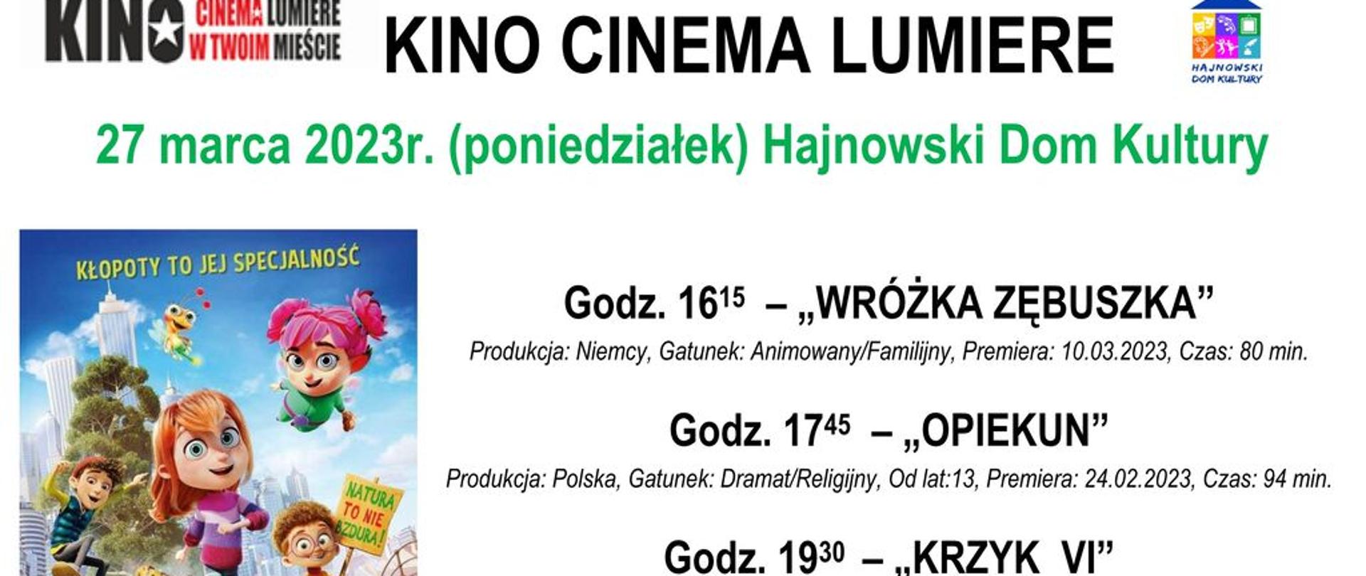 Plakat promujący wydarzenie - na białym tle informacje o tytułach filmów wraz z godziną projekcji, obok plakat promujący film "Wróżka zębuszka"