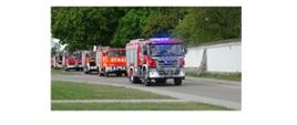 kolumna bojowych wozów strażackich. W tle park.