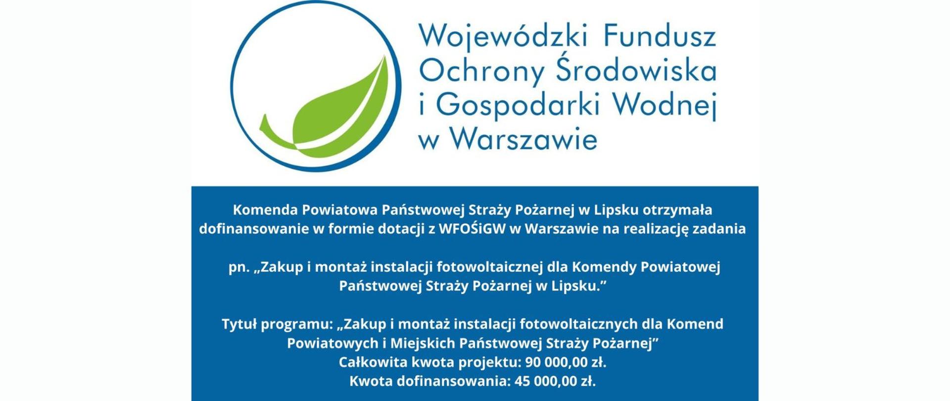 informacja o dofinansowaniu na granatowym tle. W grafice logotyp Wojewódzkiego Funduszu Ochrony Środowiska I Gospodarki Wodnej w Warszawie.