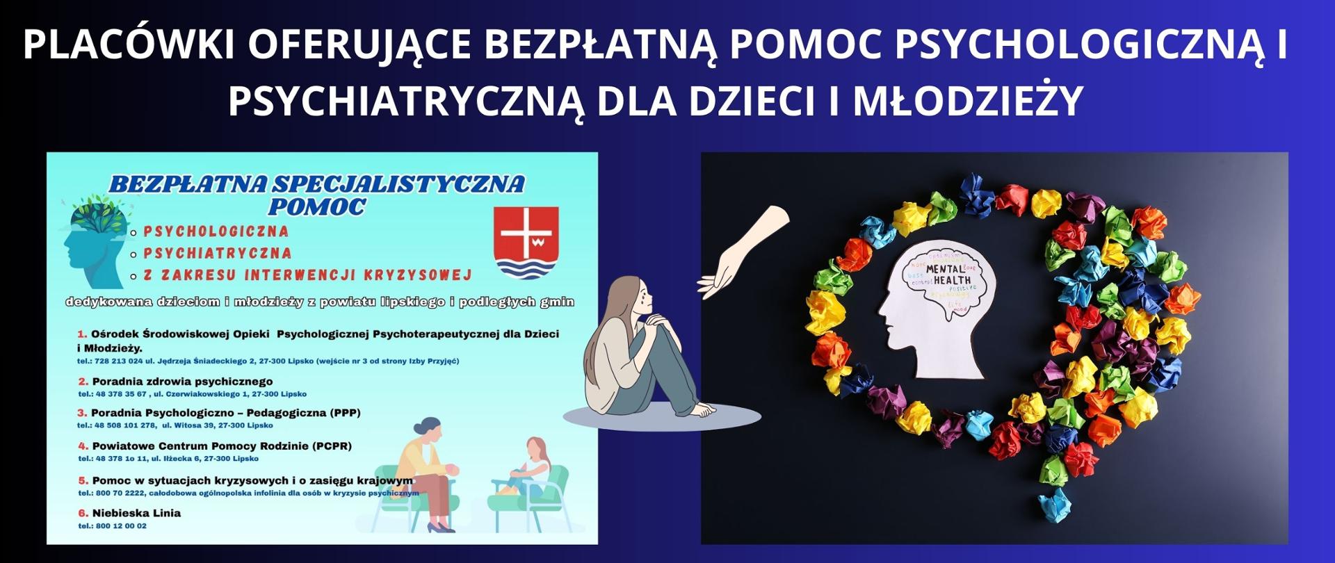 BIAŁY NAPIS NA GRANATOWYM TLE " polacówki oferujące bezpłatna pomoc psychologiczna i psychiatryczna dla dzieci i młodzieży" grafika plakatu z wymienionymi placówkami pomocy z powiatu lipskiego , oraz grafika głowy człowieka wycięta z białej kartki na czarnym tle z oznaczonym zarysem mózgu , kolorowe zmięte karteczki wokół niej