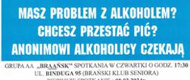 Niebieskie tło na środku duży żółty znak zapytania oraz informacja masz problem z uzależnieniem od alkoholu przyjdź na spotkanie Grupy AA "BRAAŃSK"