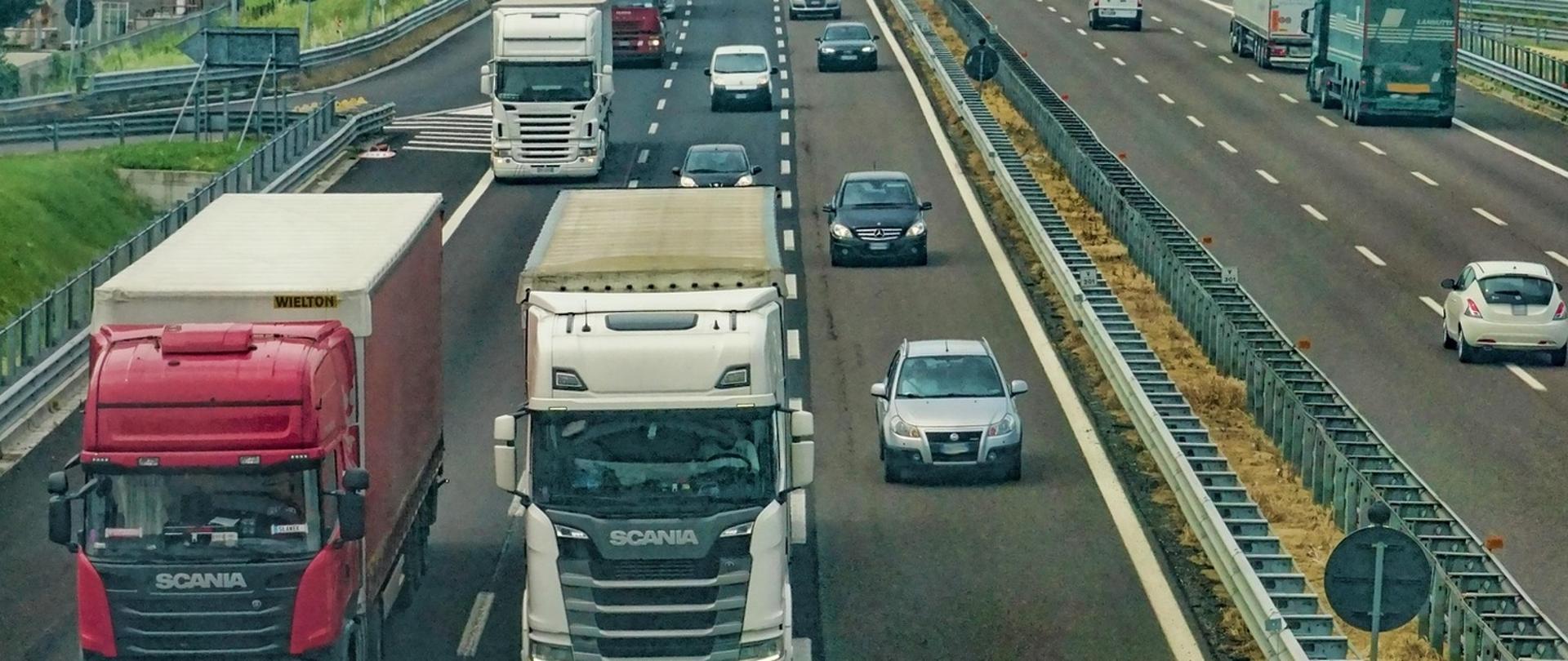 Zdjęcie przedstawia ruchliwą autostradę z wieloma pojazdami poruszającymi się w obu kierunkach. Na pasach w lewą stronę (bliżej obiektywu) widoczne są dwa duże samochody ciężarowe marki Scania — jeden czerwony z naczepą marki Wielton, drugi biały. Obok nich oraz za nimi porusza się kilka samochodów osobowych.