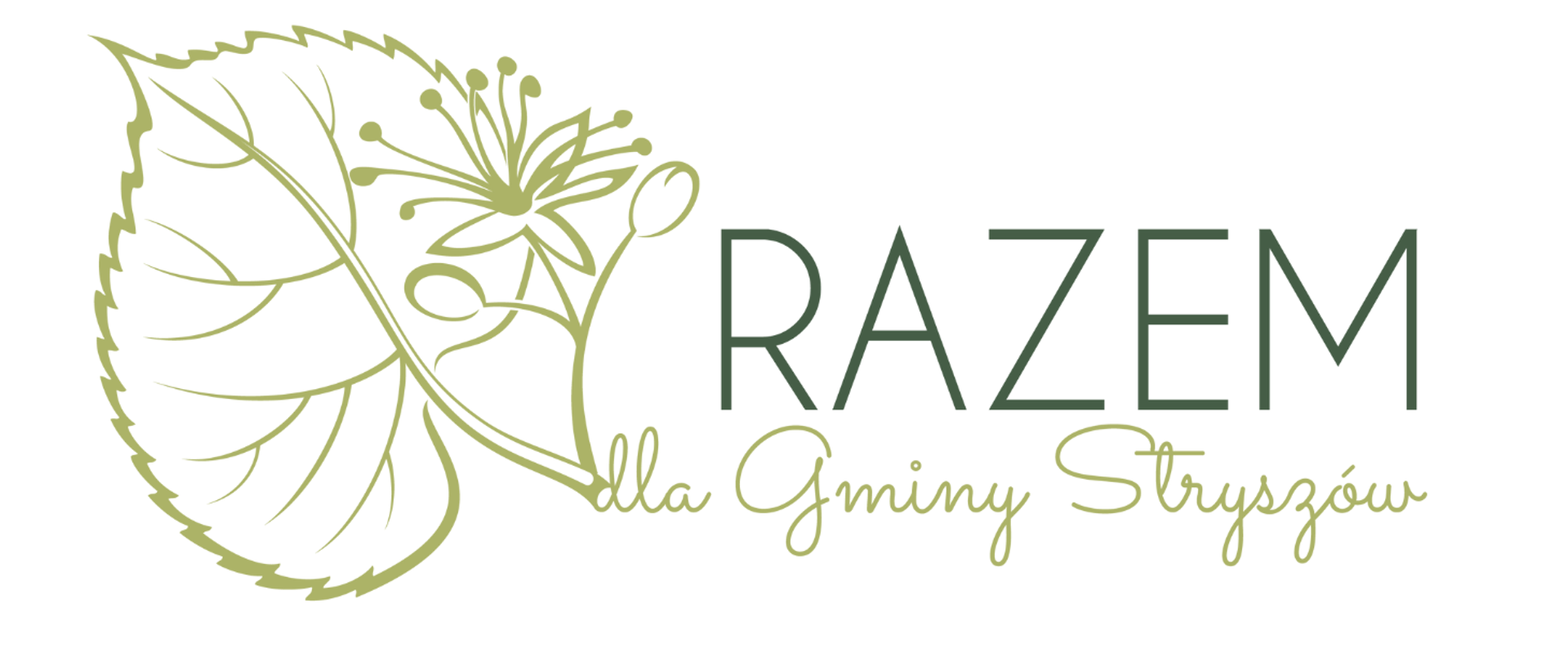 Logo Stowarzyszenia Razem dla Gminy Stryszów, listek lipy oraz nazwa stowarzyszenia na zielono na białym tle