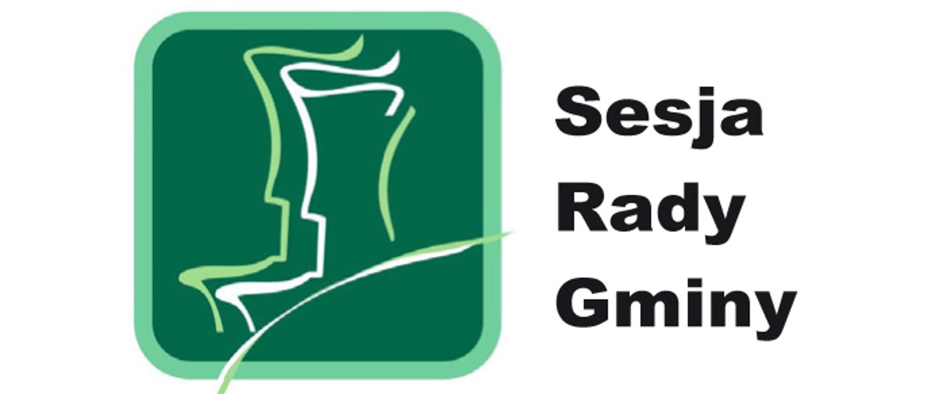 Grafika przedstawia biały obrys postaci na zielonym tle oraz napis Sesja rady gminy. 