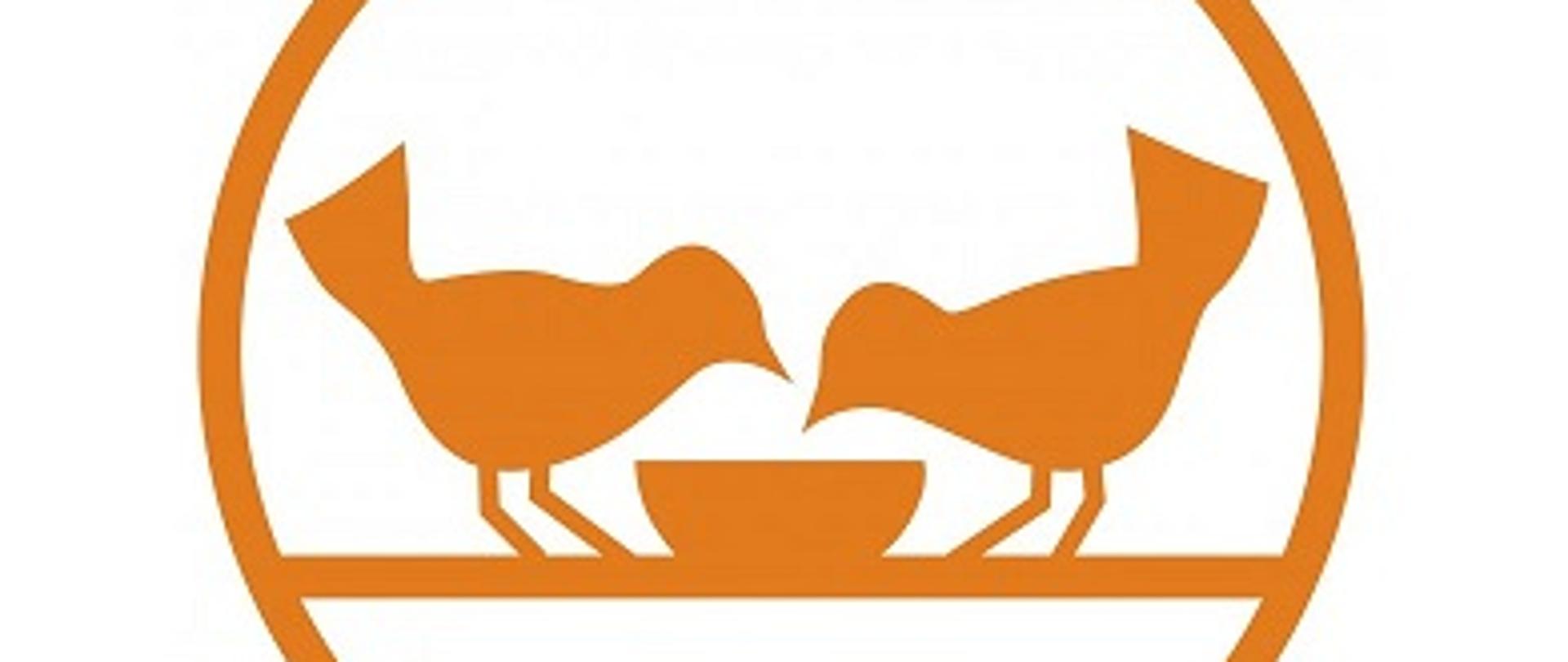 LOGO Banku Żywności, przedstawiające kontury dwóch ptaków w kolorze pochylonych nad miską otoczonych kołem. Ptaki i koło są w kolorze pomarańczowym na białym tle.