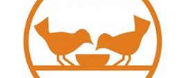 LOGO Banku Żywności, przedstawiające kontury dwóch ptaków pochylonych nad miską. Ptaki są w kolorze pomarańczowym na białym tle.