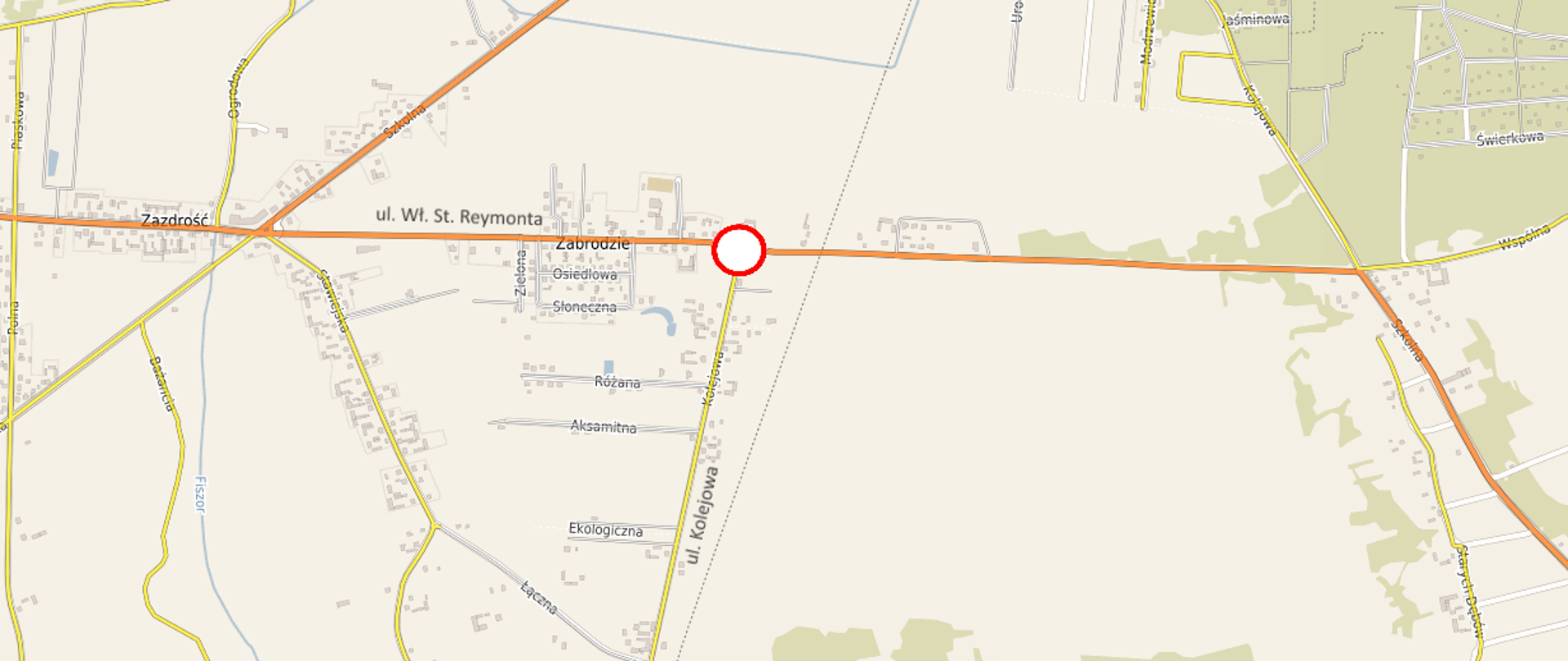 Mapa ze znakiem zakaz ruchu na skrzyżowaniu ulicy Reymonta i Kolejowej