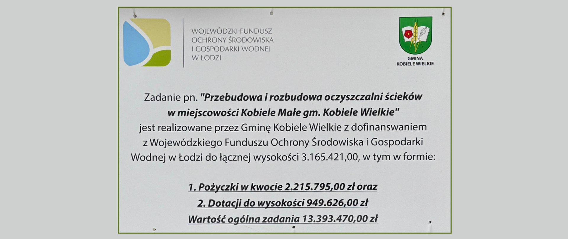 Tablica informacyjna dotycząca projektu „Przebudowa i rozbudowa oczyszczalni ścieków w miejscowości Kobiele Małe gm. Kobiele Wielkie”, realizowanego przez Gminę Kobiele Wielkie z dofinansowaniem z Wojewódzkiego Funduszu Ochrony Środowiska i Gospodarki Wodnej w Łodzi. Całkowita wartość projektu: 13 393 470,00 zł. Wysokość dofinansowania: pożyczka – 2 215 795,00 zł, dotacja – 949 626,00 zł. Po lewej stronie logo WFOŚiGW w Łodzi, po prawej herb Gminy Kobiele Wielkie.