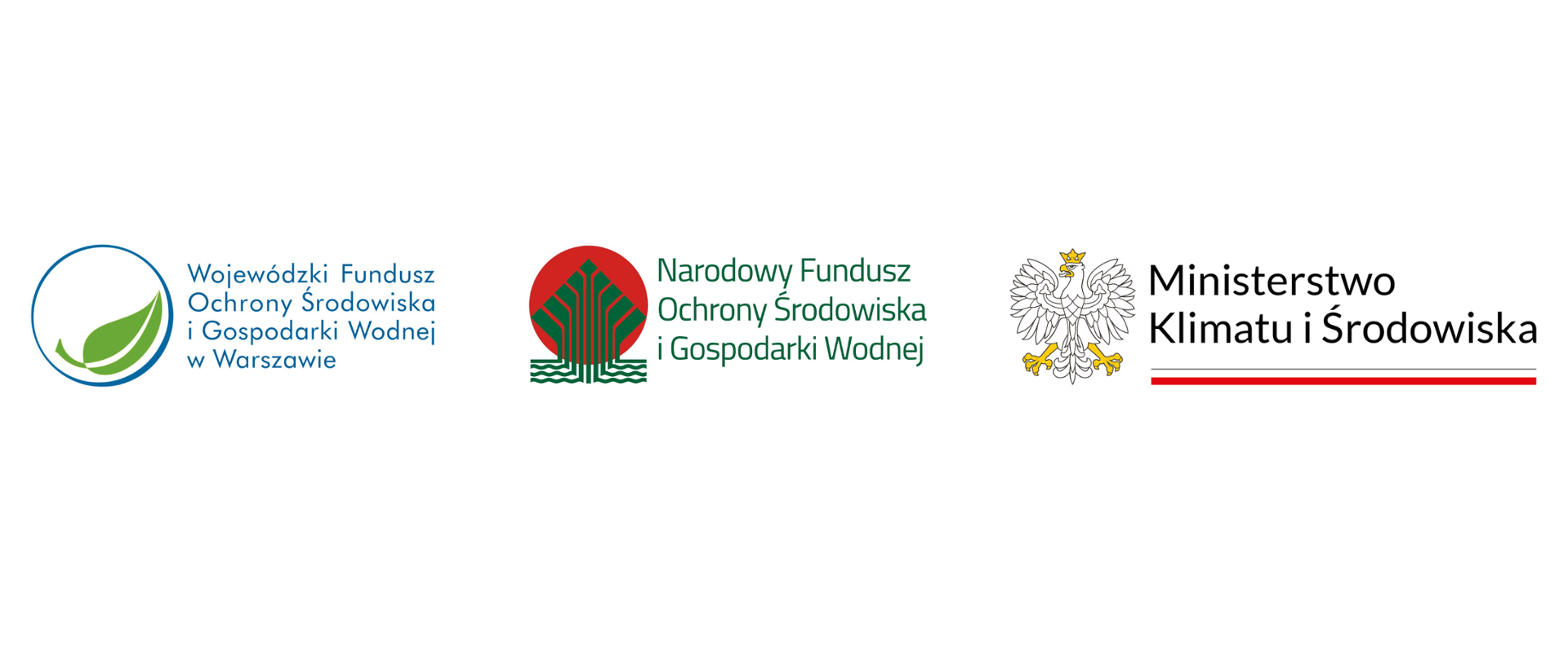 3 logotypy: Wojewódzkiego Funduszu Ochrony Środowiska i Gospodarki Wodnej w Warszawie, Narodowego Funduszu Ochrony Środowiska i Gospodarki Wodnej oraz Ministerstwa Klimatu i Środowiska