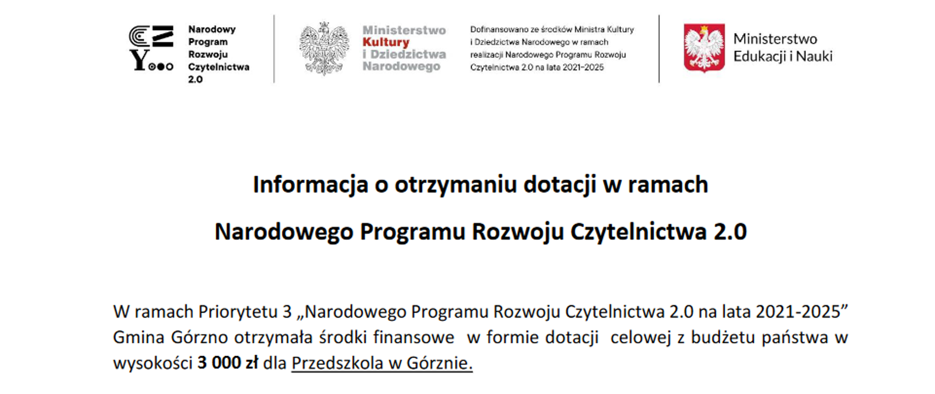 Informacja o dofinansowaniu dla Przedszkola w Górznie