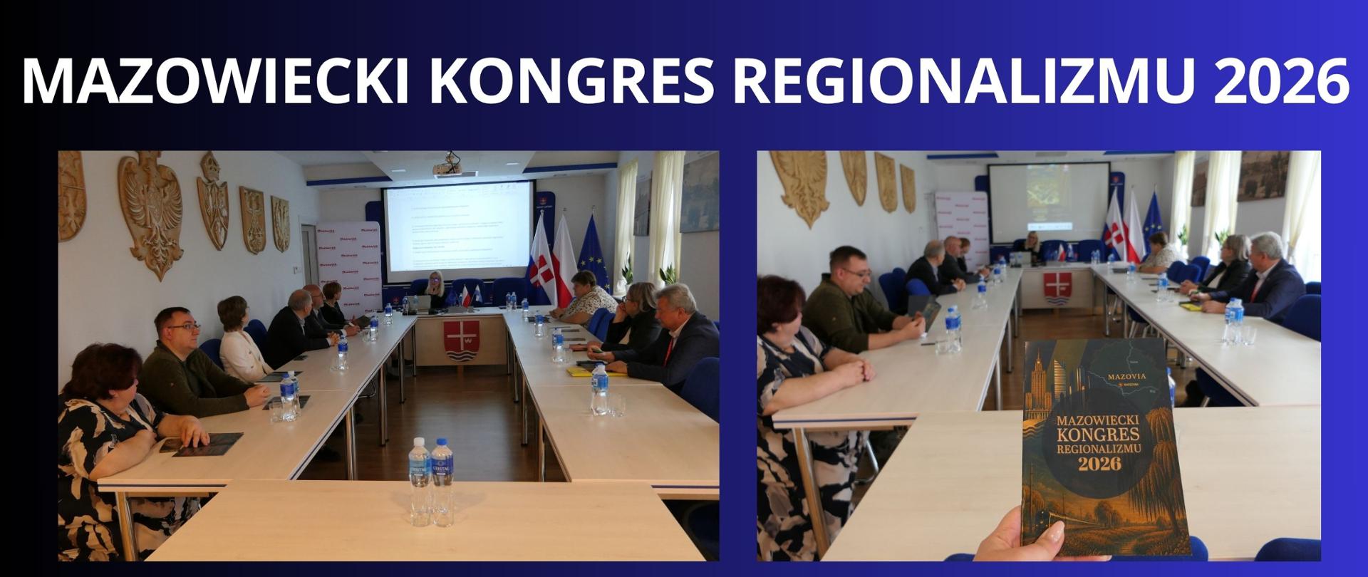 Granatowe tło z białym napisem "Mazowiecki Kongres Regionalizmu 2026". Pod napisem dwa zdjęcia ze spotkania przedstawiające Panią prowadzącą i uczestników kongresu. 