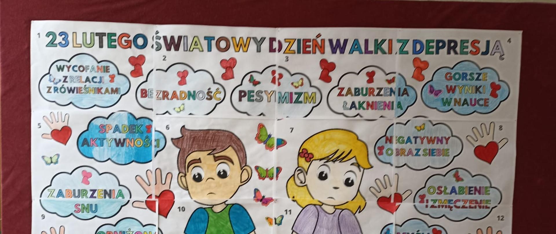 Plakat w wykonaniu dzieci, na środku stoją chłopczyk i dziewczynka ze smutnymi minami, wokół nich znajdują się chmurki z napisami prezentującymi przejawy depresji