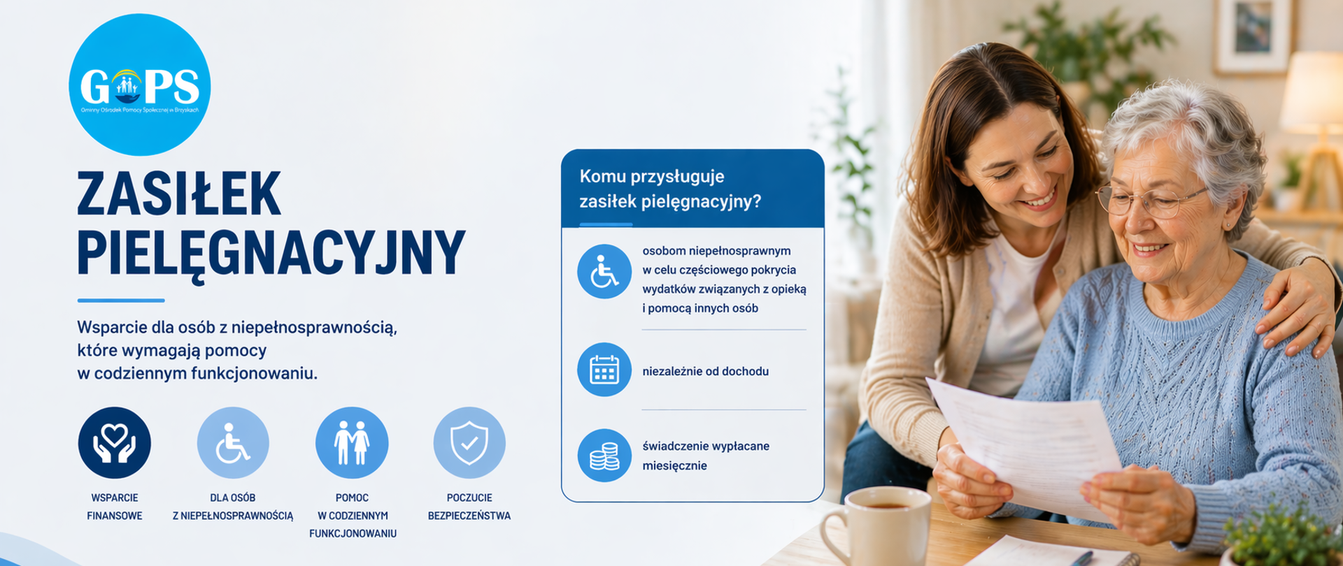 Panoramiczna grafika informacyjna utrzymana w stonowanej, nowoczesnej kolorystyce (odcienie błękitu, granatu i bieli), o czytelnym i uporządkowanym układzie. W lewym górnym rogu umieszczono logo Gminnego Ośrodka Pomocy Społecznej w Brzyskach, podkreślające lokalny charakter wsparcia.
Po lewej stronie znajduje się nagłówek „Zasiłek pielęgnacyjny” oraz krótkie hasło wskazujące na wsparcie dla osób z niepełnosprawnością, które wymagają pomocy w codziennym funkcjonowaniu. Poniżej widoczne są minimalistyczne ikony symbolizujące pomoc finansową, wsparcie dla osób z niepełnosprawnością, codzienną opiekę oraz poczucie bezpieczeństwa.
W centralnej części grafiki znajduje się wyróżniona sekcja informacyjna dotycząca zasad przyznawania świadczenia, podkreślająca jego dostępność oraz formę wypłaty.
Po prawej stronie przedstawiono scenę opieki – opiekun wspiera osobę starszą podczas przeglądania dokumentów. Ilustracja podkreśla troskę, bliskość oraz codzienną pomoc.
