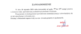 Zawiadomienie informujące o przerwie w dostawie wody: Polichna Pierwsza, Polichna Druga, Polichna Trzecia, Polichna Czwarta, Huta Józefów, Stany Nowe, Podlesie, Rzeczyca-Kolonia