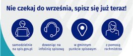 Na grafice jest napis: Nie czekaj do września, spisz się już teraz! Samodzielnie na spis.gov.pl, dzwoniąc na infolinię spisową, w gminnym punkcie spisowym, z pomocą rachmistrza.