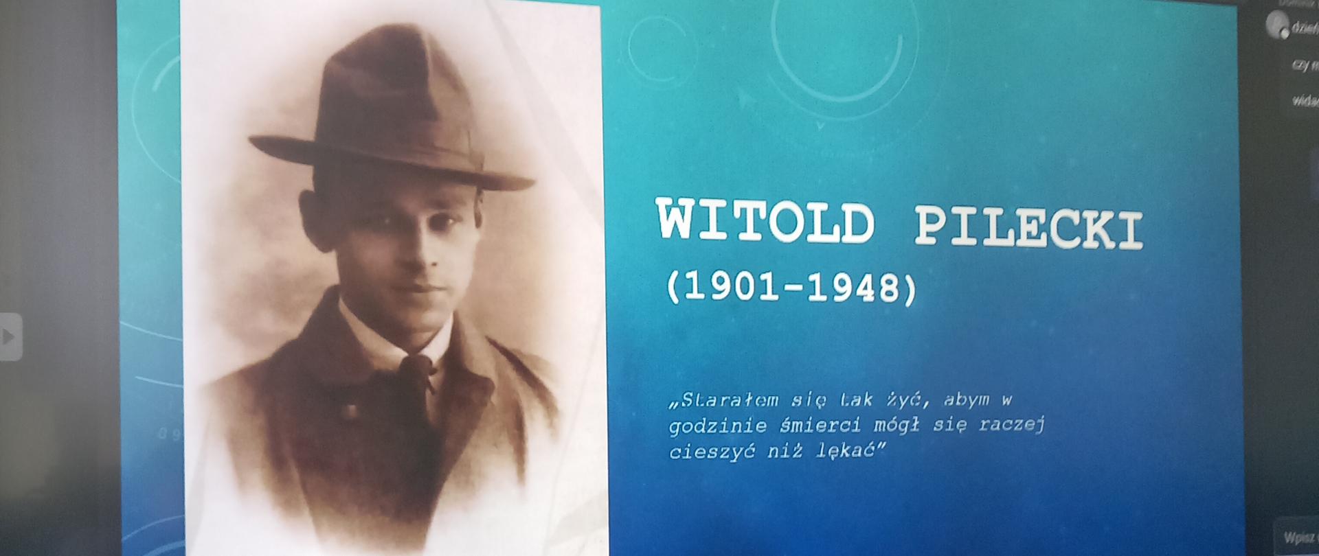 Na monitorze w sali lekcyjnej zdjęcie Witolda Pileckiego.