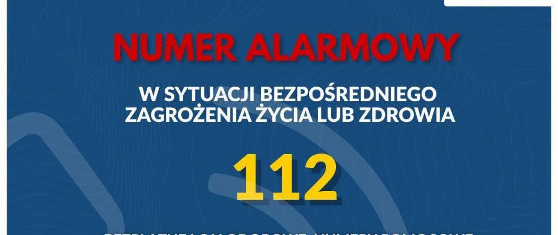 Zdjęcie na niebieskim tle, białe, czerwone i żółte napisy dotyczące numerów alarmowych.