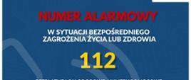 Zdjęcie na niebieskim tle, białe, czerwone i żółte napisy dotyczące numerów alarmowych.