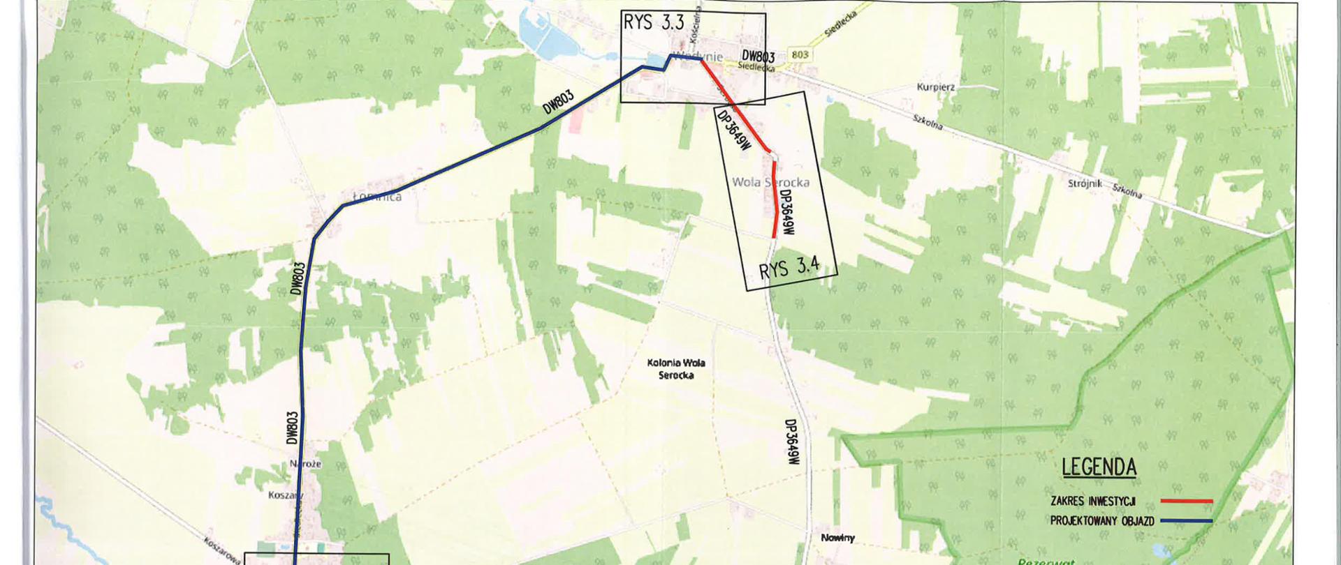 Grafika przedstawia: mapa zamkniętego odcinka drogi powiatowej nr 3649W od m. Wodynie do m. Wola Serocka z zaznaczonym objazdem przez wsie: Kołodziąż, Seroczyn, Łomnica i Wodynie
