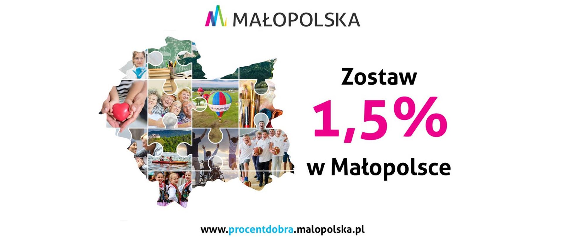 Plakat z logo małopolska oraz fotokolaż z granicami małopolski zachęcający do oddania 1,5% w Małopolsce