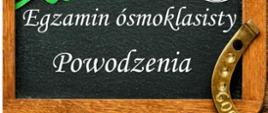 Grafika przedstawia na ciemnym tle w drewnianej ramce napis Egzamin ósmoklasisty Powodzenia