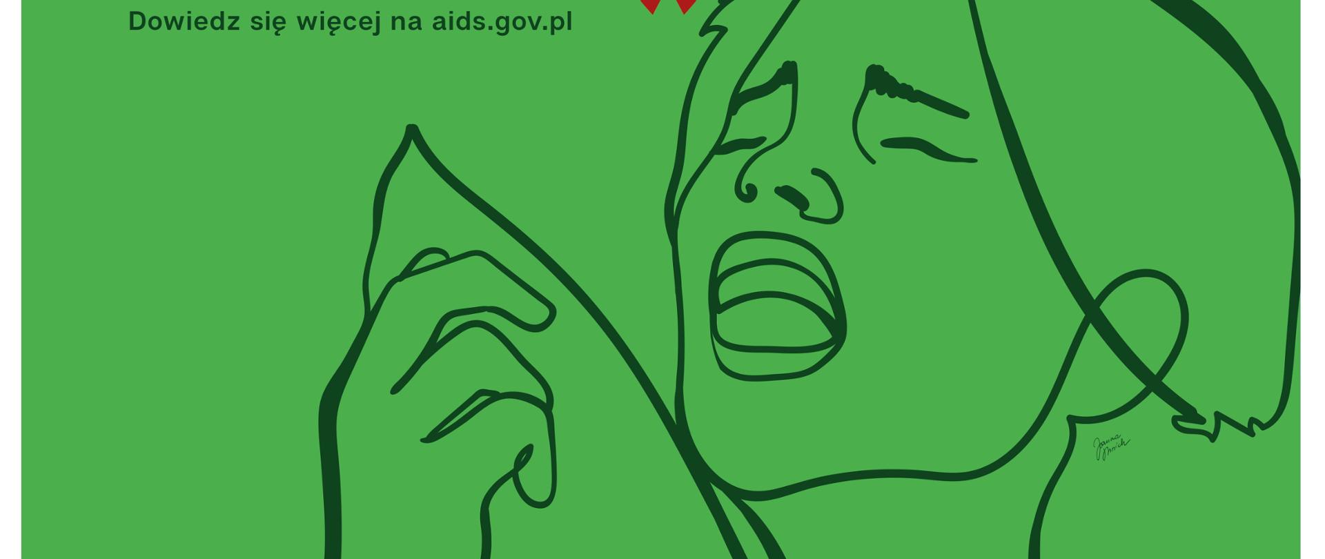 Nie zakazisz się HIV drogą kropelkową np. przez kaszel lub kichanie. Na zielonym tle białe napisy i osoba kichająca