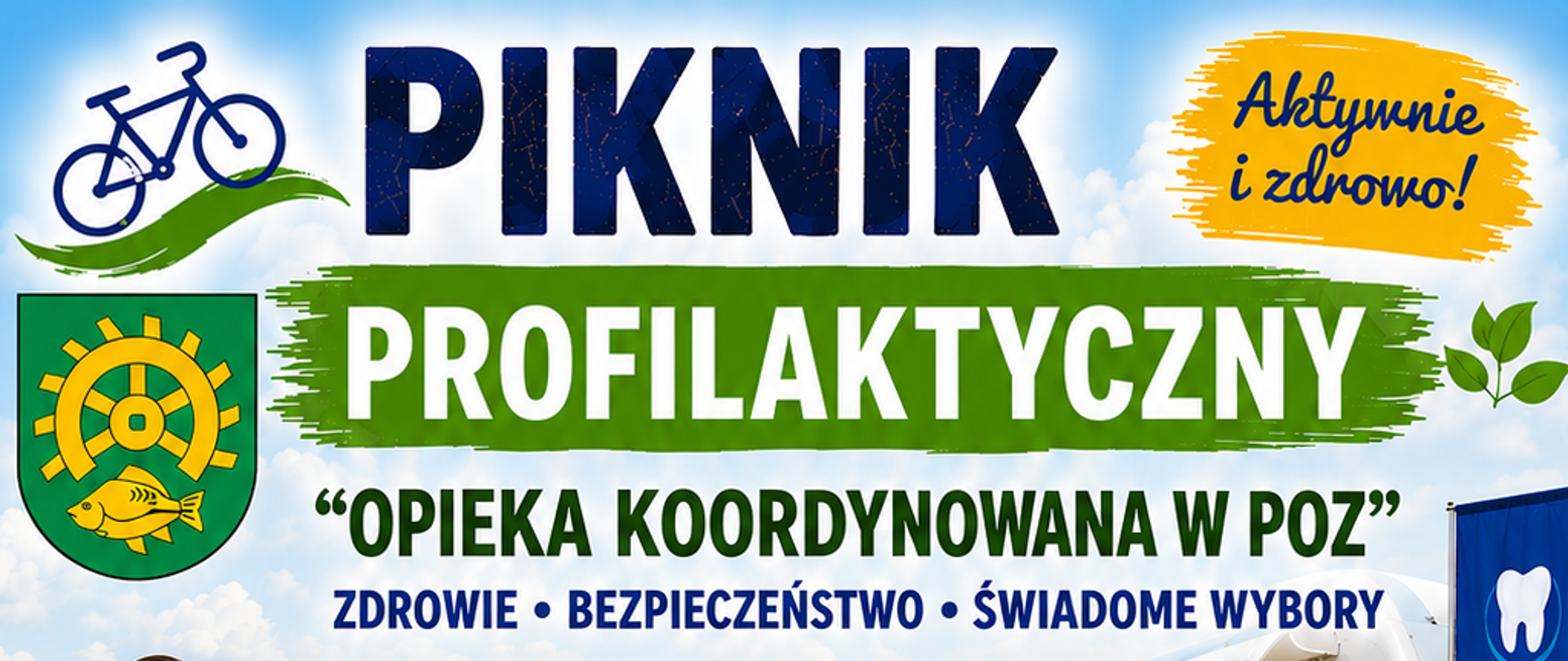Kolorowy plakat promujący Piknik Profilaktyczny „Opieka koordynowana w POZ”.
Na ilustracji przedstawiono uczestników rajdu rowerowego oraz kobiety idące z kijkami nordic walking, a także dentobus i stoiska profilaktyczno-informacyjne, m.in. Sanepidu oraz Policji. Piknik odbędzie się 26 września 2026 roku, w godzinach 10.00–16.00, na placu boiska szkolnego w Rudzie Malenieckiej 105. W programie: rajd rowerowy, marsz z kijkami nordic walking z Koneckimi Amazonkami, pokazy pierwszej pomocy, szkolenia z ochrony ludności i OC, stoiska profilaktyczno-edukacyjne, materiały, informacje, porady zdrowotne i prelekcje oraz strefy profilaktyczne dla dzieci i dorosłych. Na dole plakatu znajdują się logotypy Narodowego Funduszu Zdrowia oraz Opieki Koordynowanej w POZ. Hasło zachęca: „Przyjdź! Sprawdź! Zadbaj!” oraz „Razem tworzymy zdrowszą i bezpieczniejszą społeczność!”.
