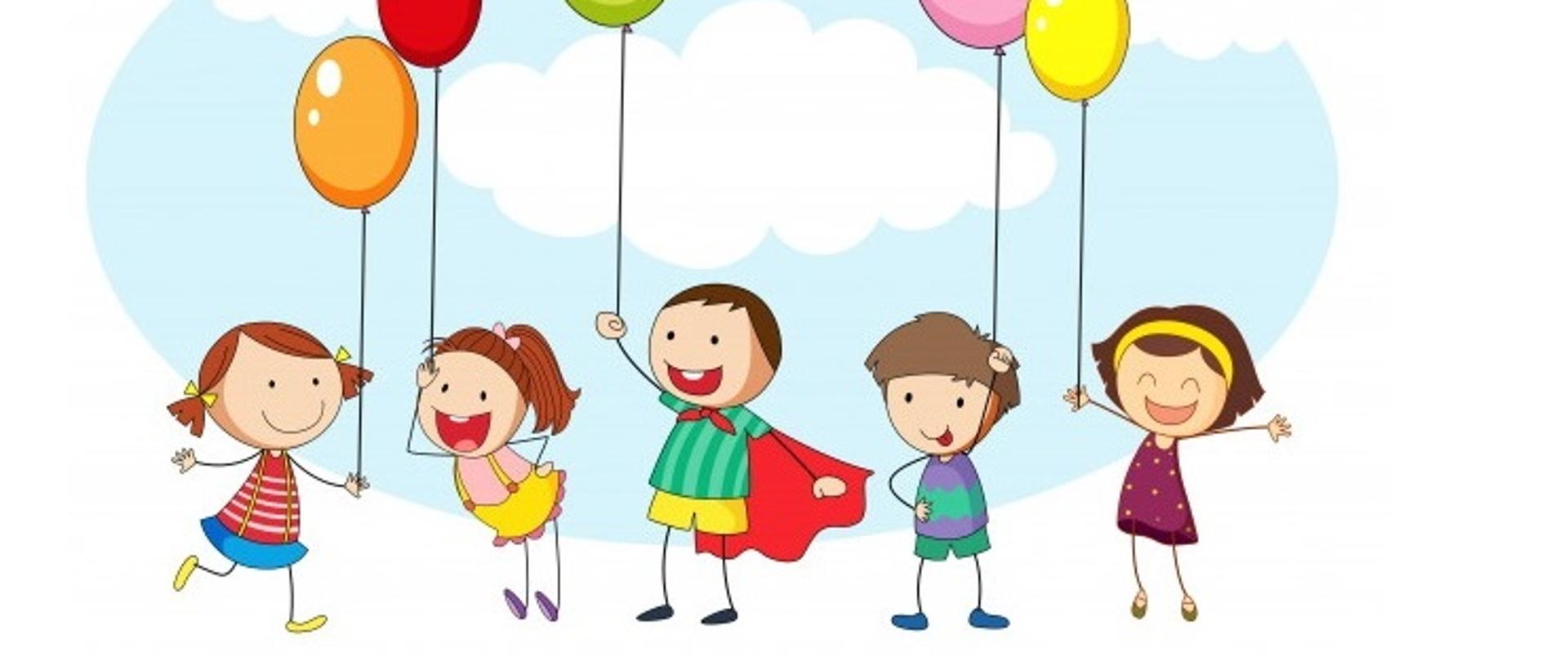 Grafiki dzieci trzymających kolorowe balony.
