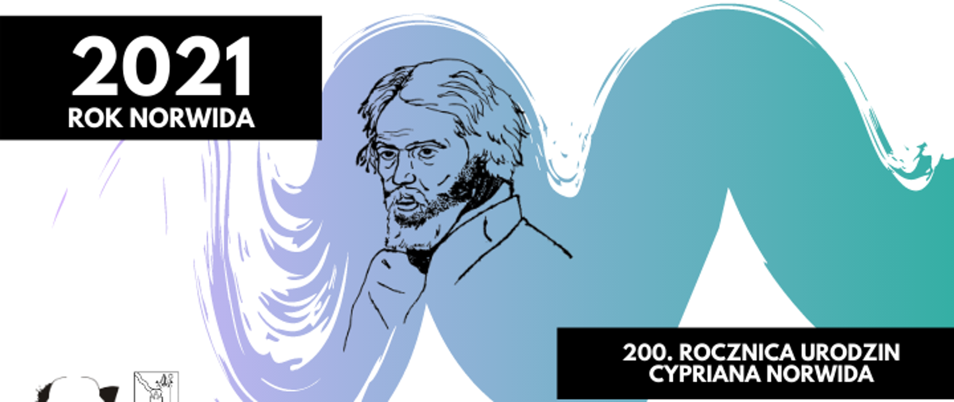 Rysunek przedstawiający Cypriana Norwida na zielono fioletowym tle. Po jego lewej stronie biały napis na białym tle: 2021 Rok Norwida. W dolnym prawym rogu napis: 200 rocznica urodzin Cypriana Norwida