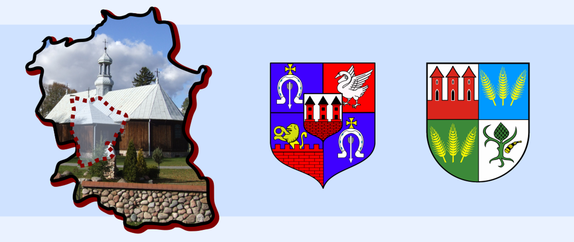 Grafika przedstawia zdjęcie kościoła parafialnego w Świętym Miejscu wpisanego w obrys Gminy Przasnysz. Obok herb Gminy Przasnysz i Powiatu Przasnyskiego.