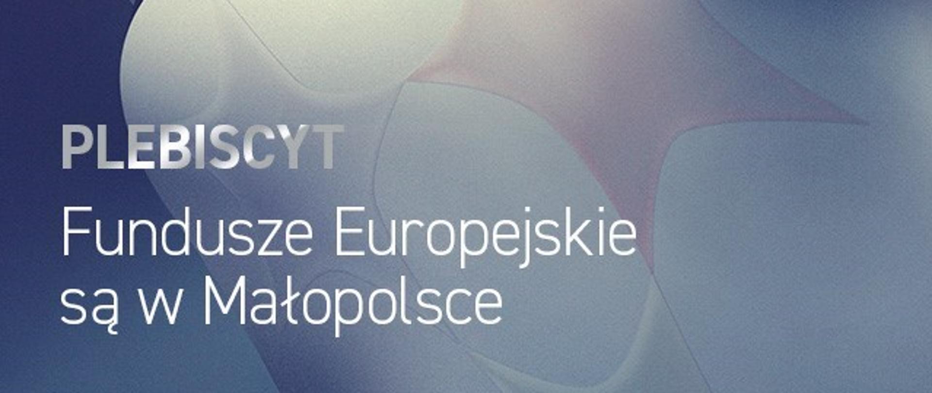 Stylizowana grafika w odcieniach granatu z napisem "Plebiscyt Fundusze Europejskie są w Małopolsce" i logo "Fundusze z Kulturą"