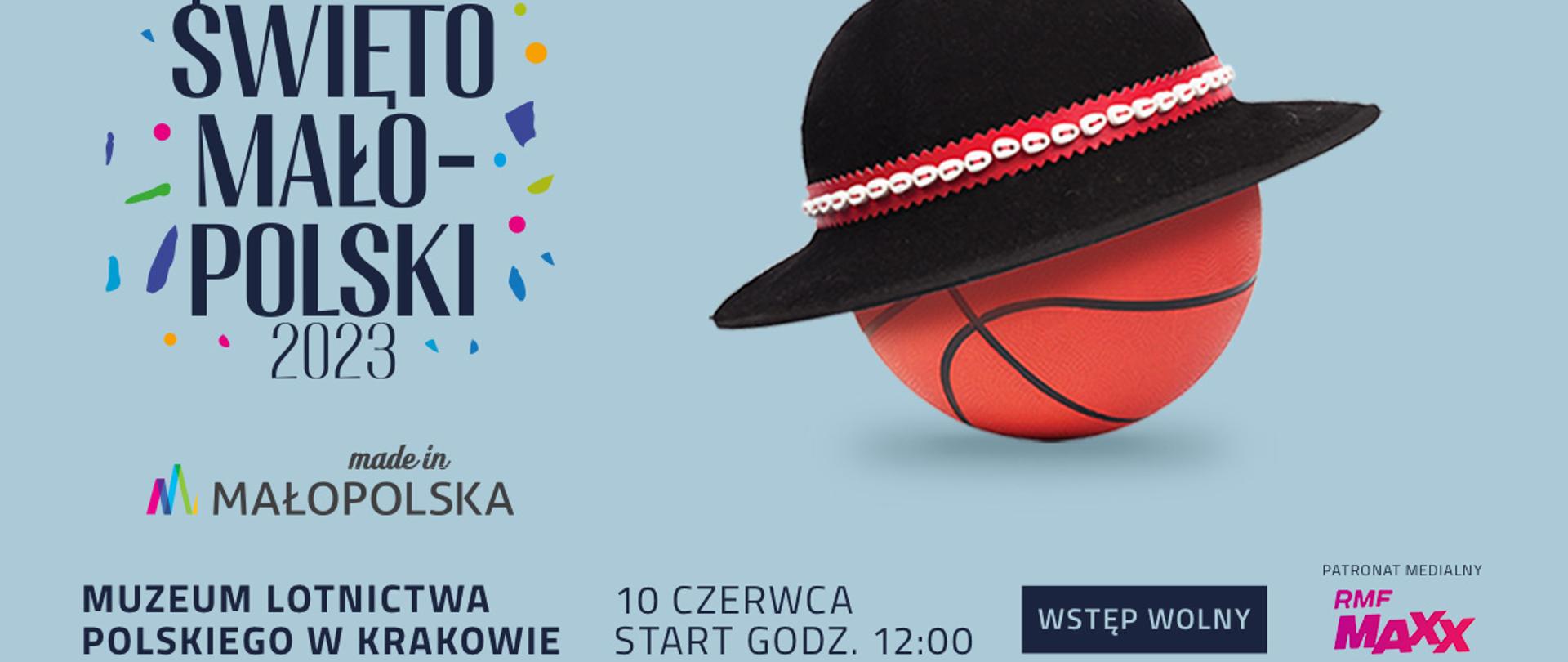grafika przedstawia z lewej stronu informacje dotyczące wydarzenia, a prawej strony piłkę do koszykówki z kapeluszem góralskim.