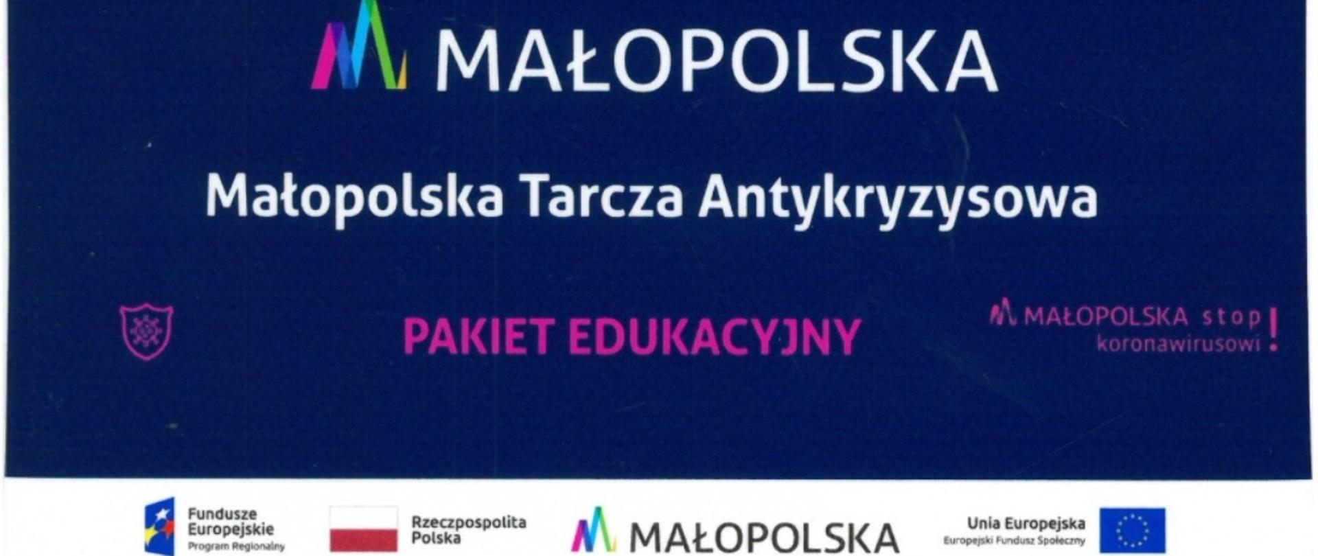 Na granatowym tle napis Małopolska Tarcza Antykryzysowa Pakiet Edukacyjny