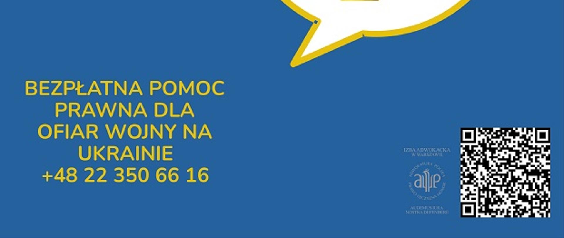 Ulotka z treścią w języku polskim i ukraińskim. Tło granatowe z chmurką, w której widać dłoń w kolorze niebiesko żółtym złożoną w geście victorii